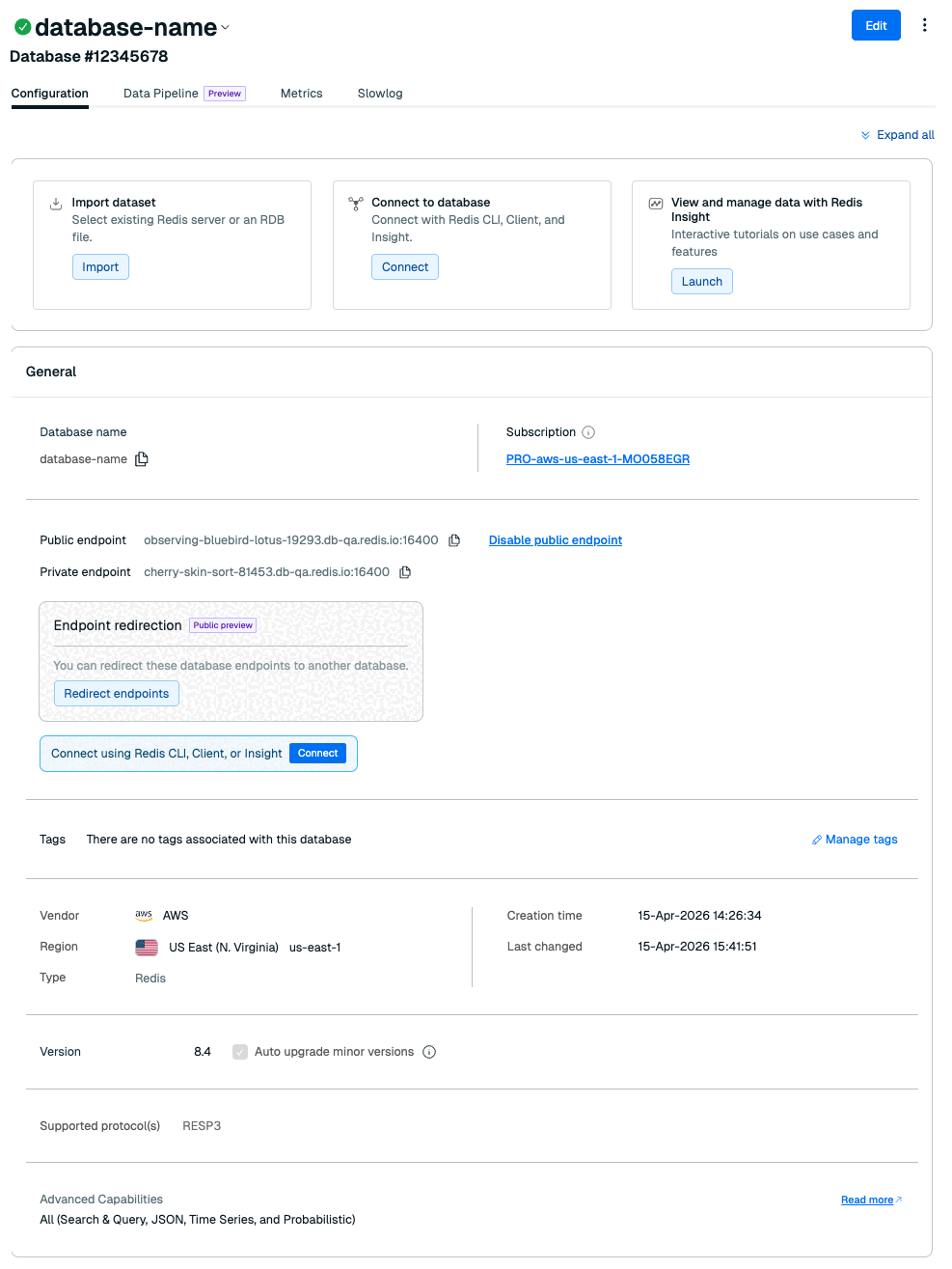 The Configuration tab of the Database details screen.