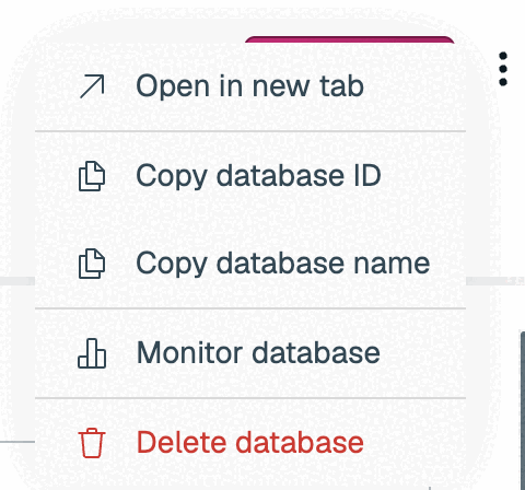 The More actions menu on the database screen, with Delete database selected.